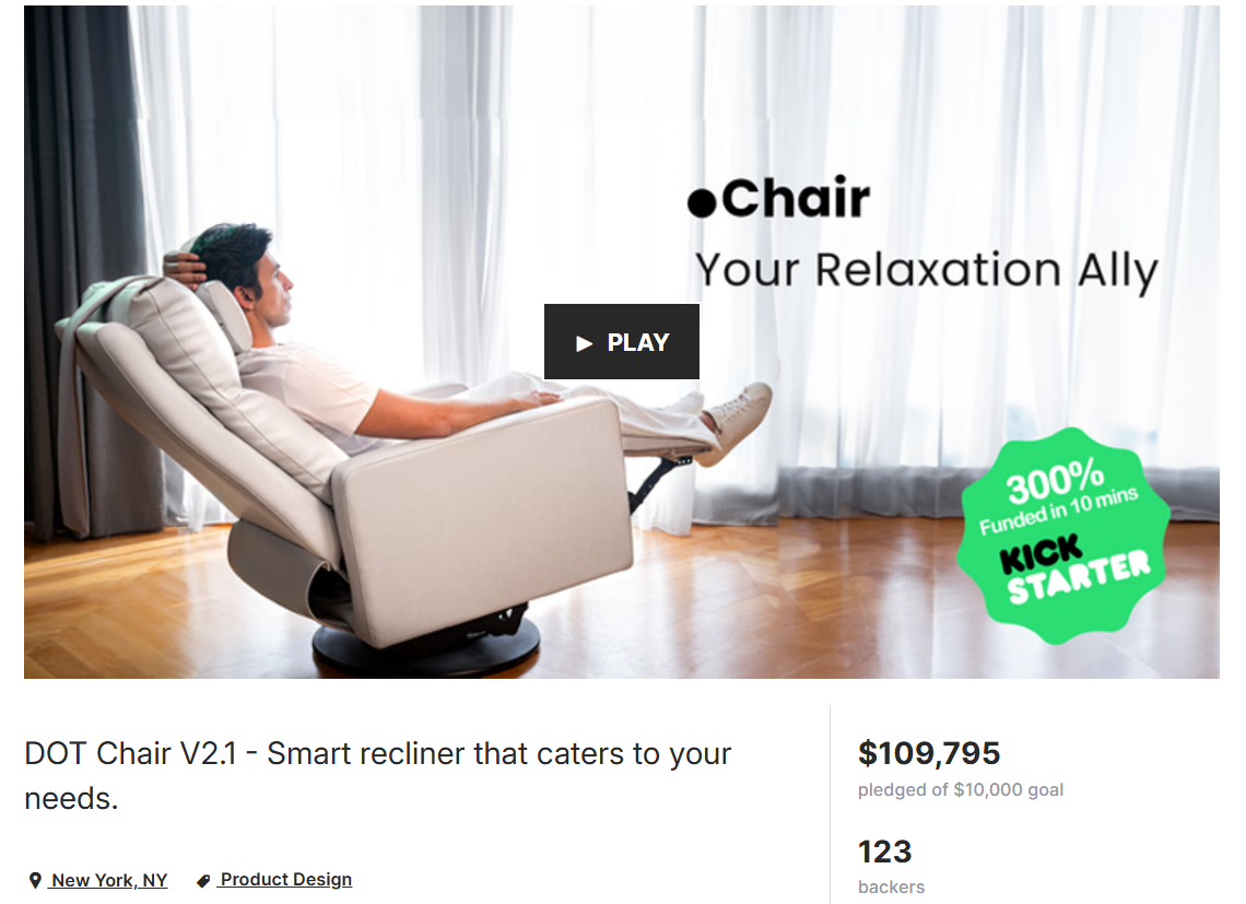 Smart recliner chair with a person using it, promotional text, and Kickstarter funding information.